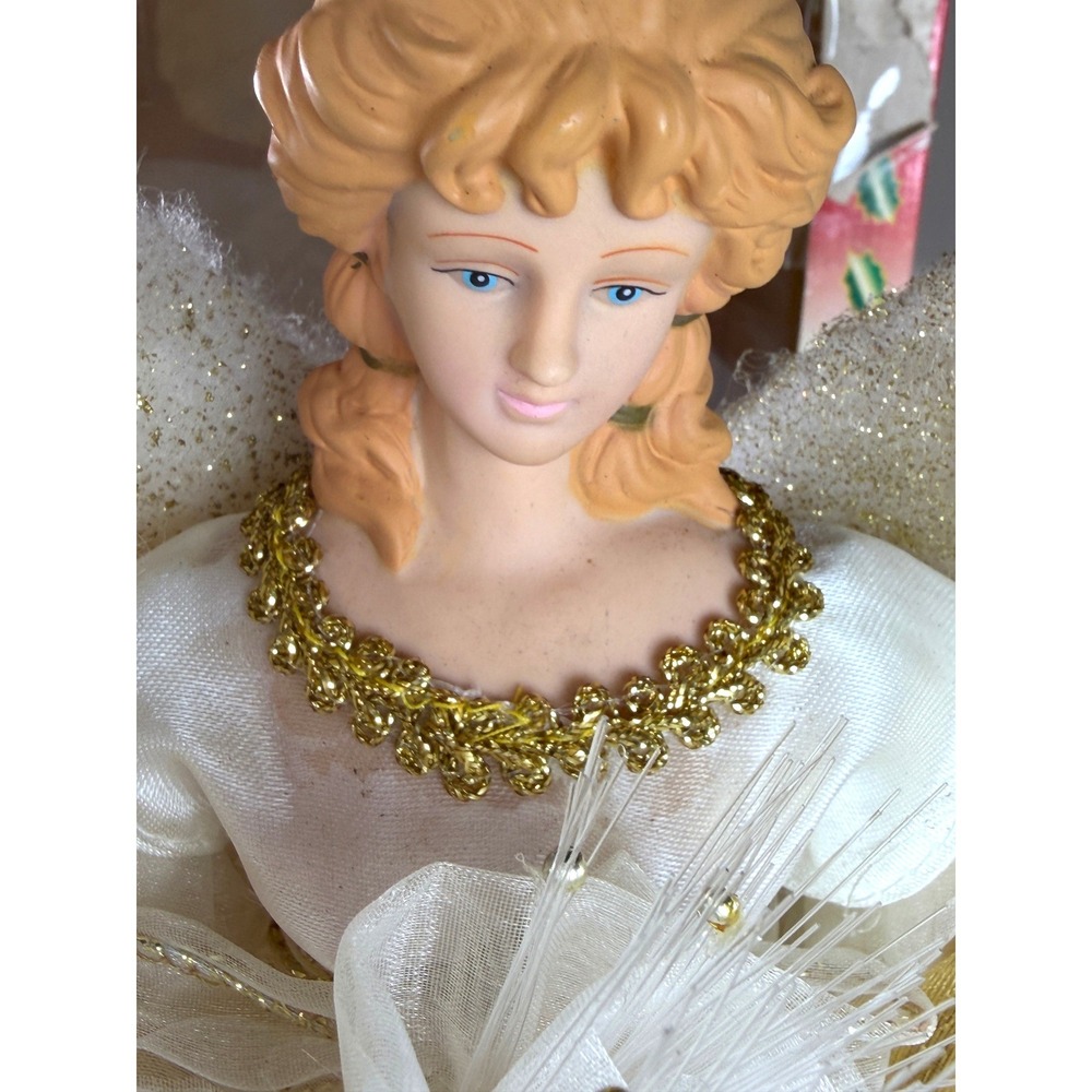 Vintage Fiber Optic Angel Christmas Tree Topper White Gold Gown Lighted 12 Inch